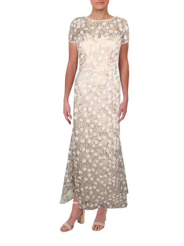 Lace prom dresses for a delicate look-Petites Womens Mesh Floral Evening Dress