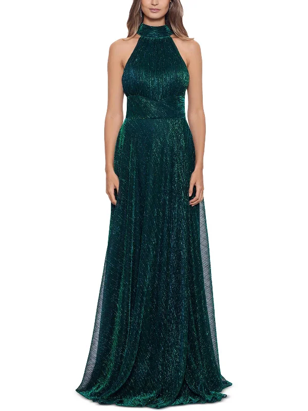 Elegant prom dresses with minimal embellishments-Petites Womens Metallic Halter Evening Dress