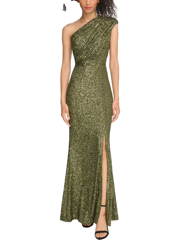 What type of prom dress suits curvy figures-Petites Womens Sequined One Shoulder Evening Dress What type of prom dress suits curvy figures-Petites Womens Sequined One Shoulder Evening Dress