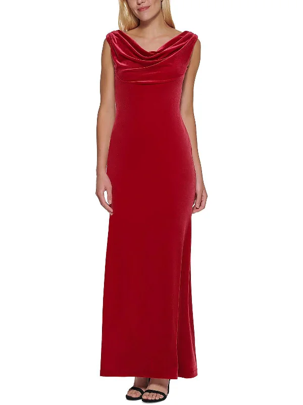 Best fabrics for an elegant prom dress-Petites Womens Velvet Cowl Neck Evening Dress