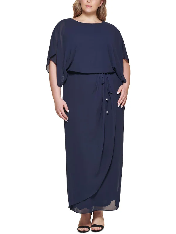 Trendy prom dresses for 2025 fashion-Plus Womens Blouson Cape Sleeve Evening Dress