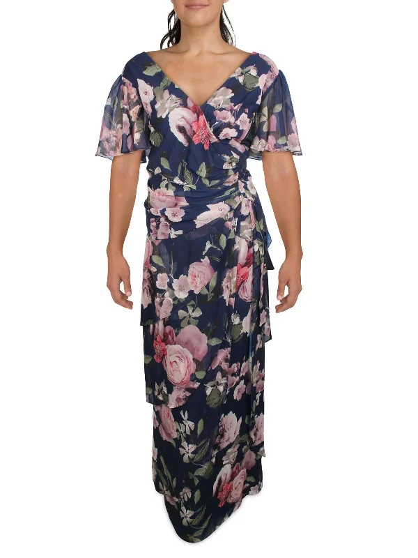 Prom dresses with fitted styles for a sleek look-Plus Womens Floral Ruffled Evening Dress Prom dresses with fitted styles for a sleek look-Plus Womens Floral Ruffled Evening Dress