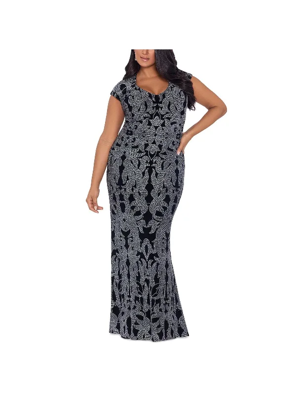 Prom dresses with sequins for sparkle-Plus Womens Glitter Cap Sleeve Evening Dress