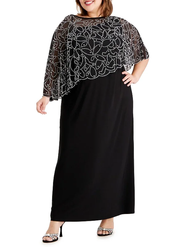 Short prom dresses for a fun look-Plus Womens Knit Cape Sleeves Evening Dress