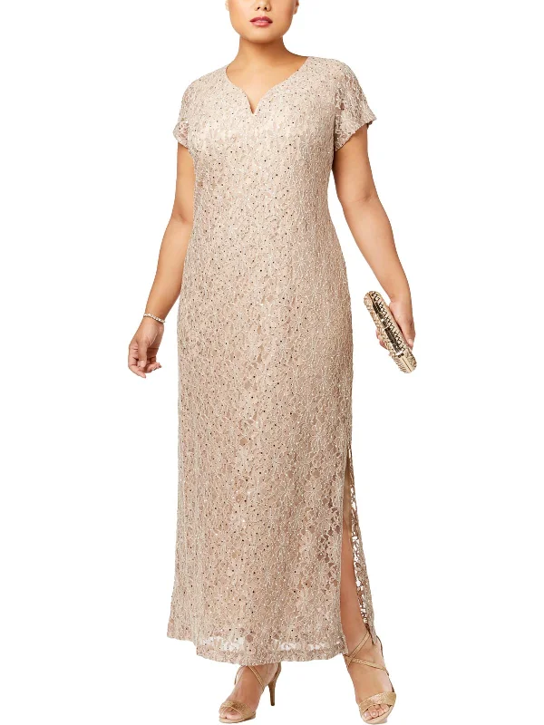 Simple prom dresses for a minimalist style-Plus Womens Lace Sequined Evening Dress