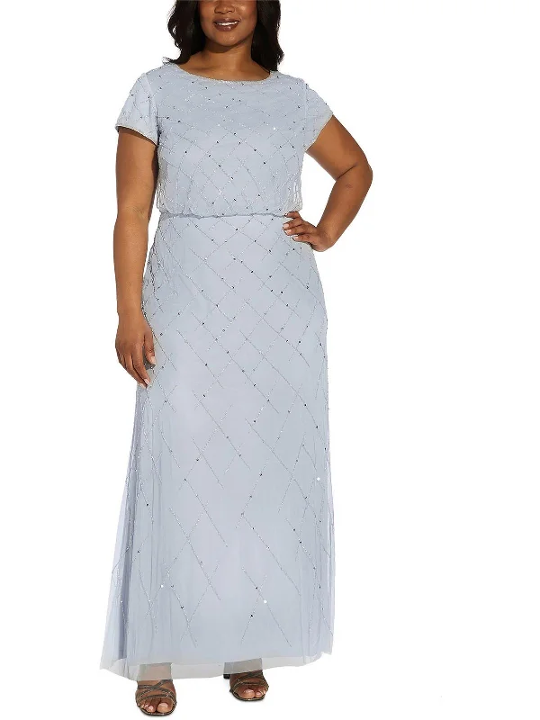 Lace-up prom dresses for an edgy look-Plus Womens Mesh Embellished Evening Dress