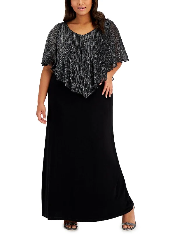 How to combine prom dresses with different jewelry styles-Plus Womens Metallic Cape Overlay Evening Dress