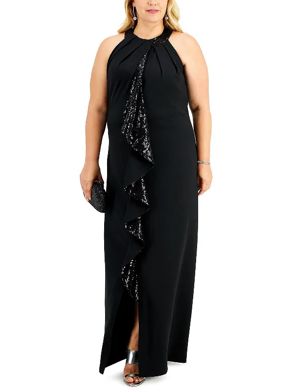 A-line prom dresses for all body types-Plus Womens Ruffled Maxi Evening Dress