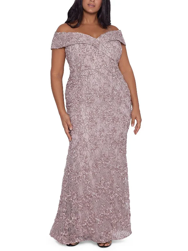 Elegant gold prom dresses for a sophisticated look-Plus Womens Sequined Lace Overlay Evening Dress Elegant gold prom dresses for a sophisticated look-Plus Womens Sequined Lace Overlay Evening Dress