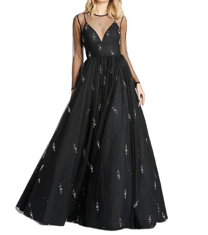 Finding the right prom dress for your budget-Sheer Sleeve Ball Gown In Black