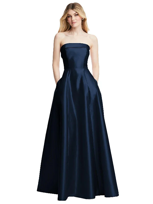 How to wear a prom dress for a winter event-Strapless Bias Cuff Bodice Satin Gown with Pockets How to wear a prom dress for a winter event-Strapless Bias Cuff Bodice Satin Gown with Pockets