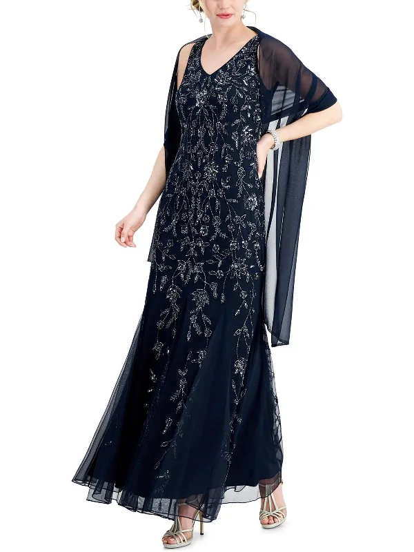 Sheer prom dresses for a fashion-forward style-Womens Beaded V-Neck Evening Dress
