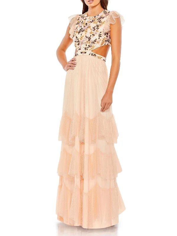 Short prom dresses for a playful vibe-Womens Embroidered Cut-Out Evening Dress