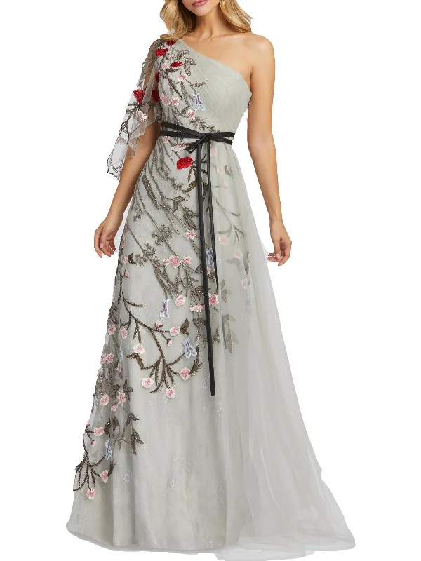 Metallic prom dresses for a futuristic look-Womens Embroidered Long Evening Dress