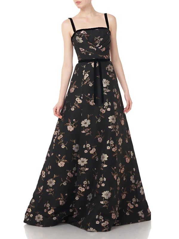 Best prom dresses for wide hips-Womens Floral Metallic Evening Dress