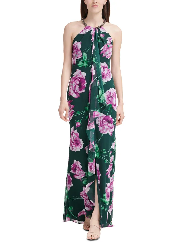 Satin prom dresses for a luxurious feel-Womens Floral Print Cascade Evening Dress
