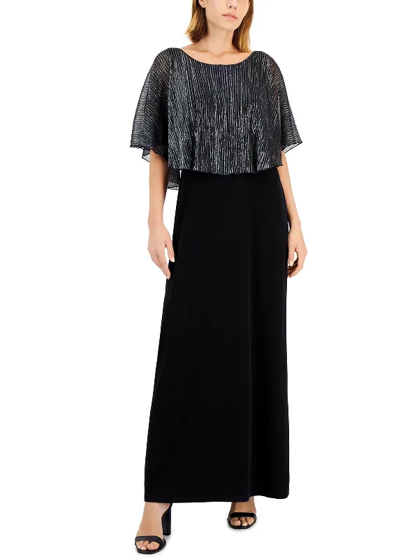 Prom dresses for curvy women-Womens Metallic Capelet Evening Dress