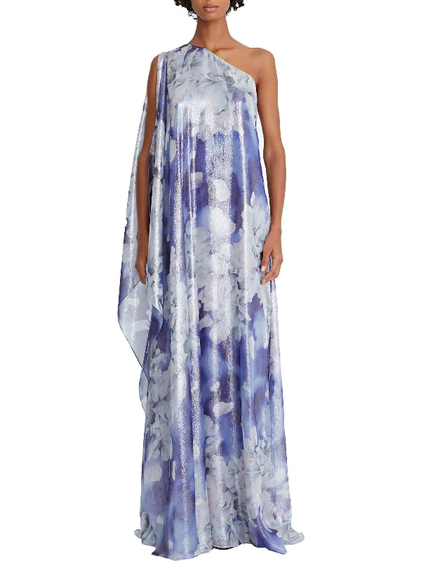 Chiffon prom dresses for a light, airy look-Womens Metallic Floral Evening Dress