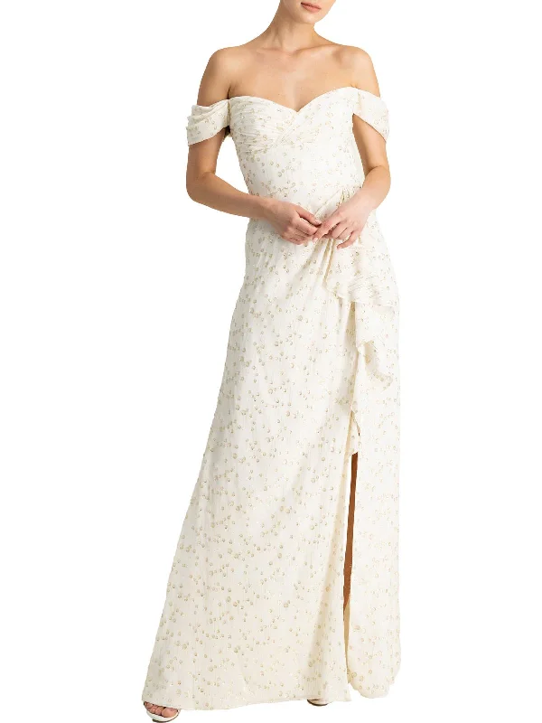 Trending prom dress styles for 2025-Womens Metallic Off-The-Shoulder Evening Dress