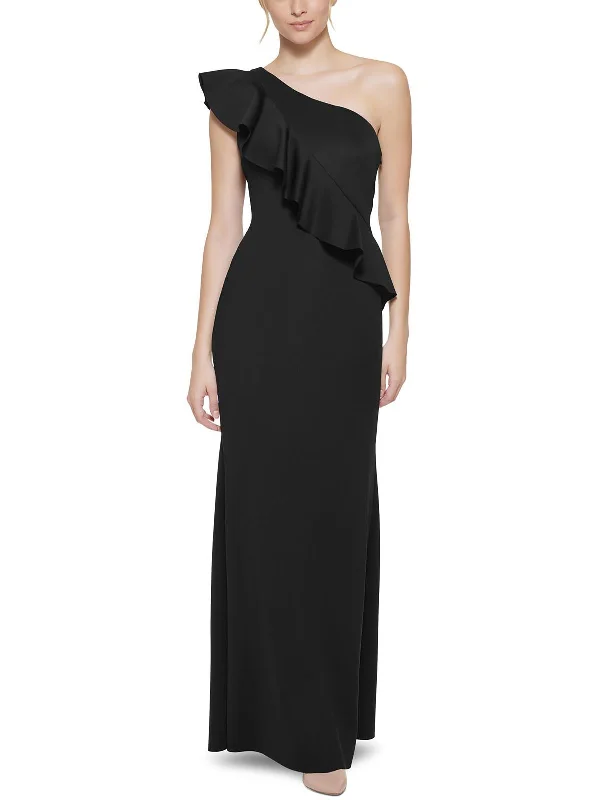 Prom dresses with open back details-Womens Ruffled Scuba Evening Dress