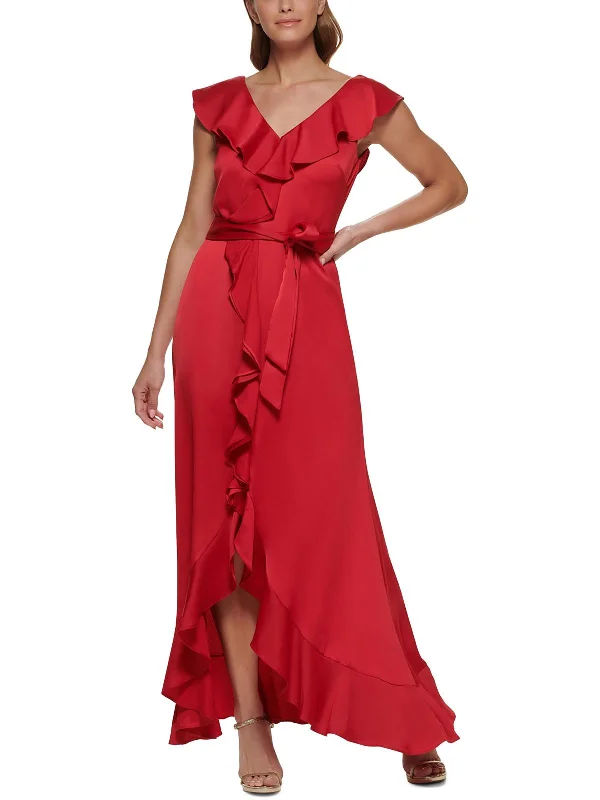 Floral print prom dresses for a fresh vibe-Womens Ruffled V-Neck Evening Dress