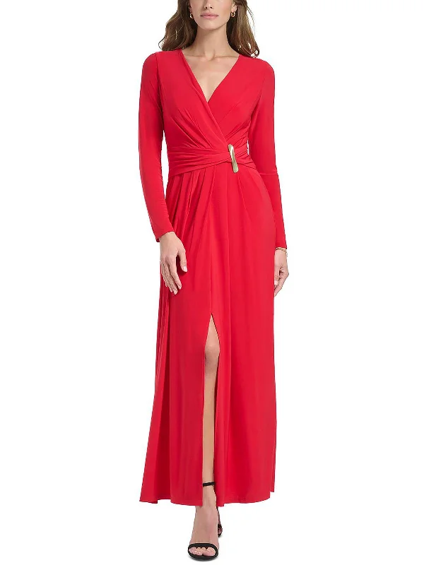 Simple prom dresses for a minimalist style-Womens V-Neck Maxi Evening Dress