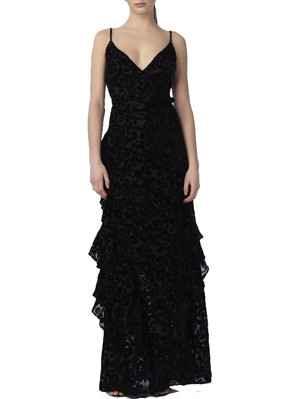 How to wear a statement necklace with a prom dress-Womens Velvet Ruffled Evening Dress