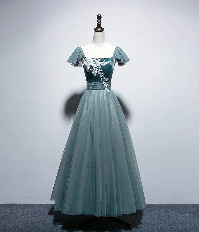 Party Dresses with BeltA line velvet tulle prom dress homecoming dress  8280