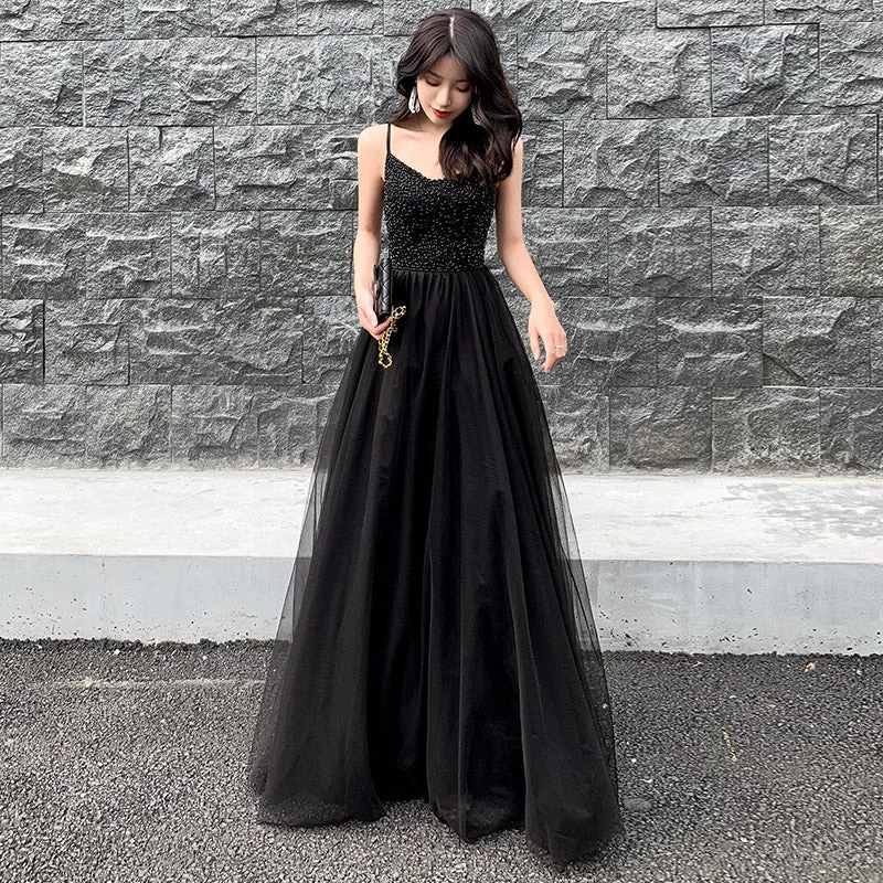 Party Dresses for Corporate FunctionsBlack tulle beads long prom dress, black evening dress 8028 Party Dresses for Corporate FunctionsBlack tulle beads long prom dress, black evening dress 8028