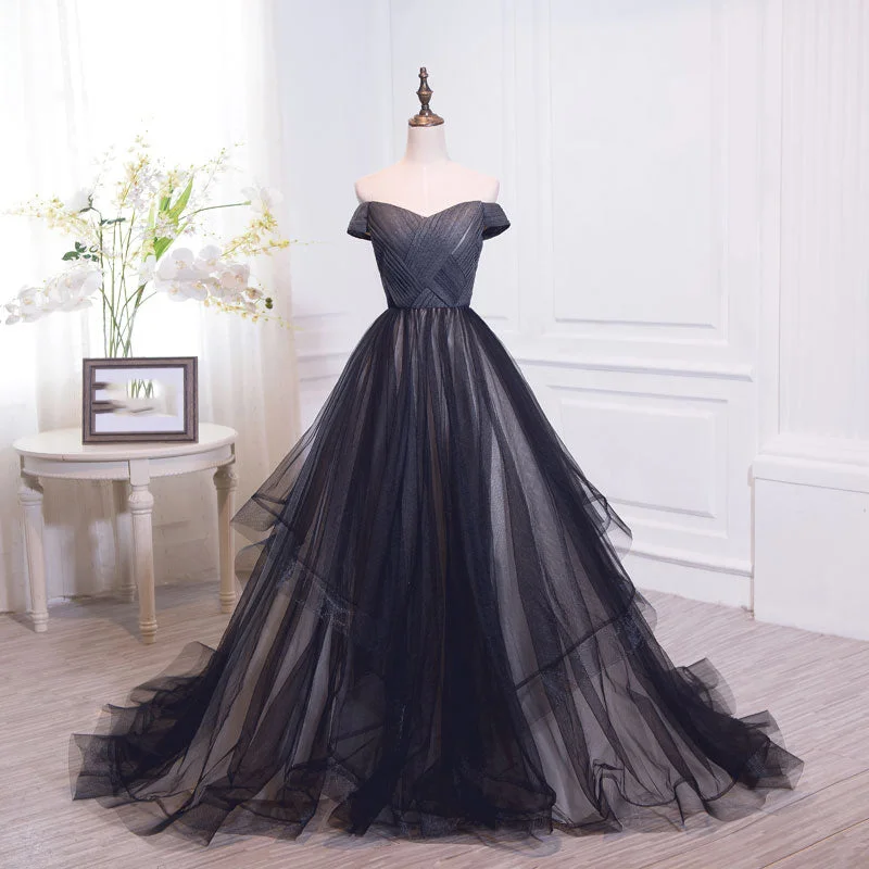 Party Dresses with Eco-Friendly FabricsBlack tulle off shoulder long prom dress, black evening dress 7899 Party Dresses with Eco-Friendly FabricsBlack tulle off shoulder long prom dress, black evening dress 7899