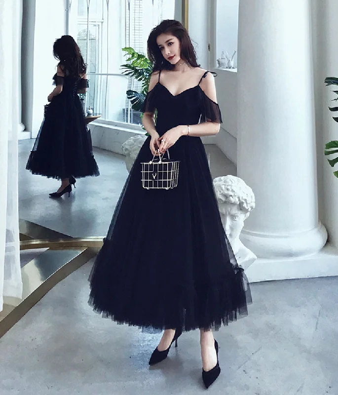 Party Dresses for All-Day WearBlack tulle tea length prom dress  8356