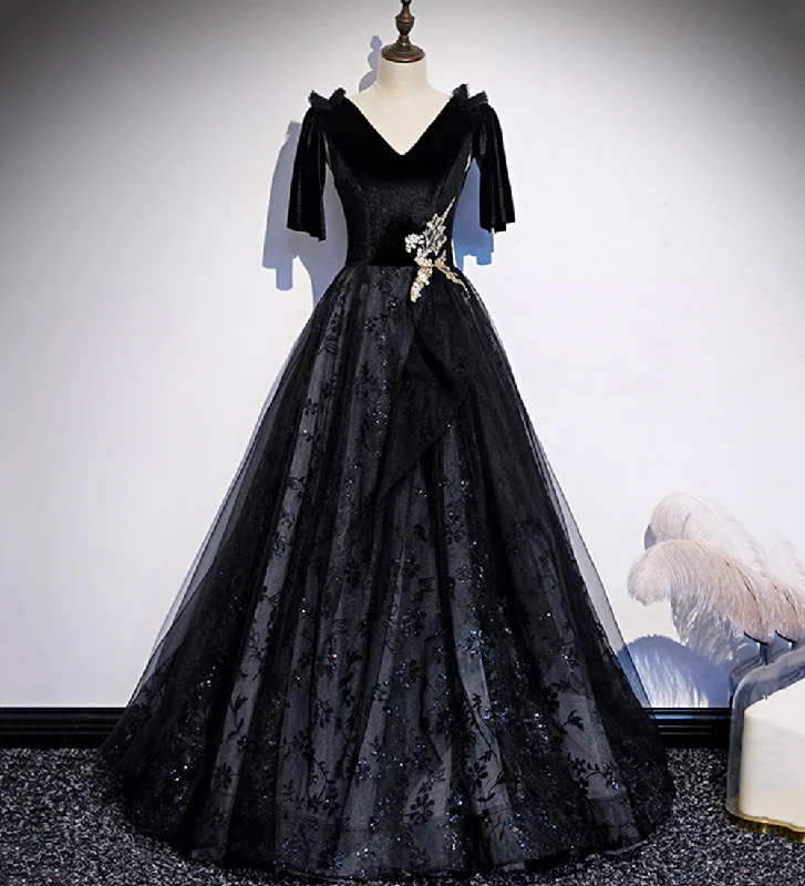 Party Dresses for Community MeetingsBlack velvet lace long prom dress evening dress  8502