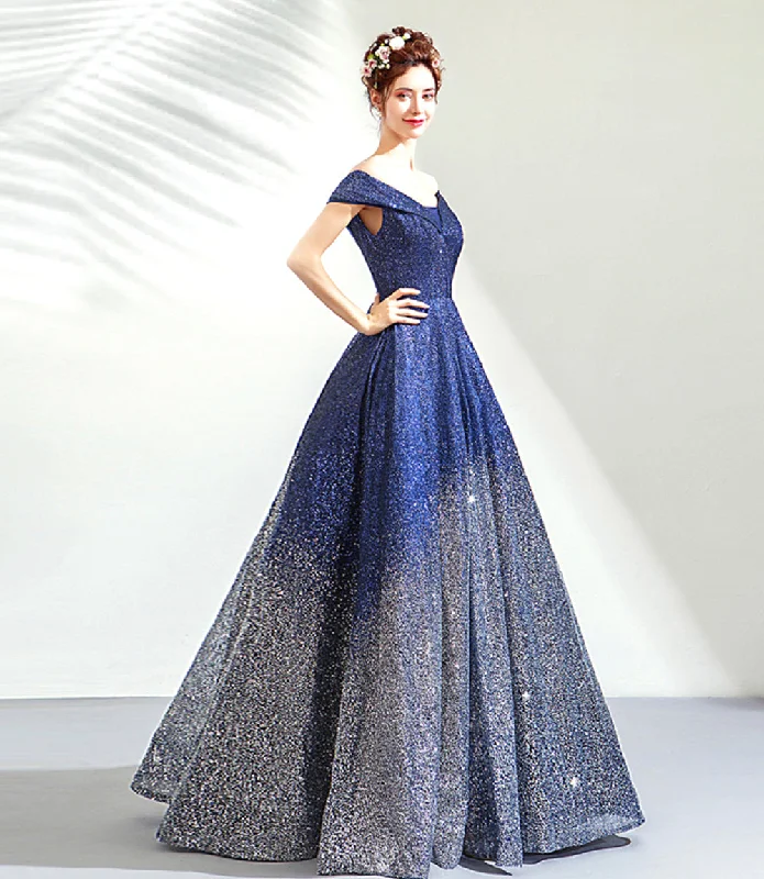 Party Dresses with Contrast TrimBlue sequins long ball gown dress blue evening dress  8513