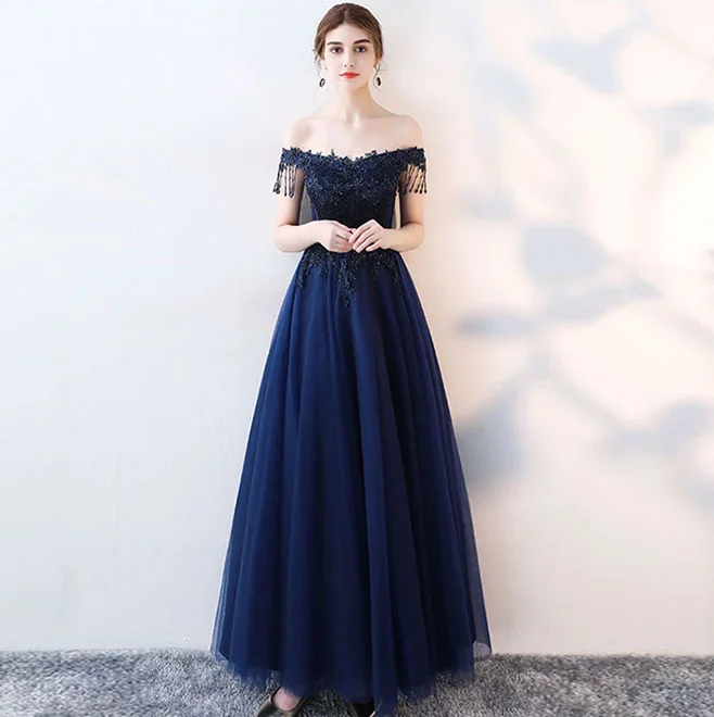 Party Dresses with Fringe AccentsBlue tulle beads long prom dress, blue evening dress 8152 Party Dresses with Fringe AccentsBlue tulle beads long prom dress, blue evening dress 8152