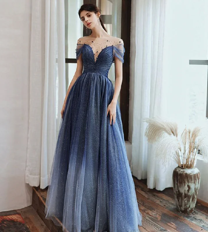 Party Dresses with Biometric SensorsBlue tulle beads long prom dress evening dress 8434 Party Dresses with Biometric SensorsBlue tulle beads long prom dress evening dress 8434
