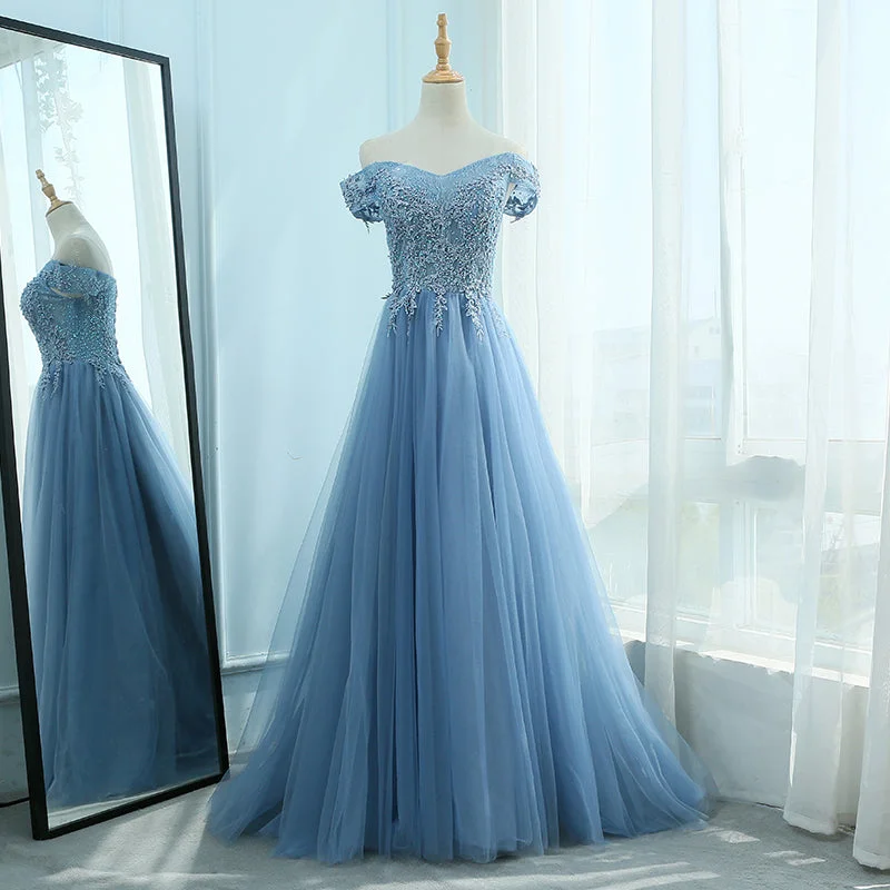 Party Dresses for Fashion ExhibitionsBlue tulle lace long prom dress, blue evening dresses 7960 Party Dresses for Fashion ExhibitionsBlue tulle lace long prom dress, blue evening dresses 7960