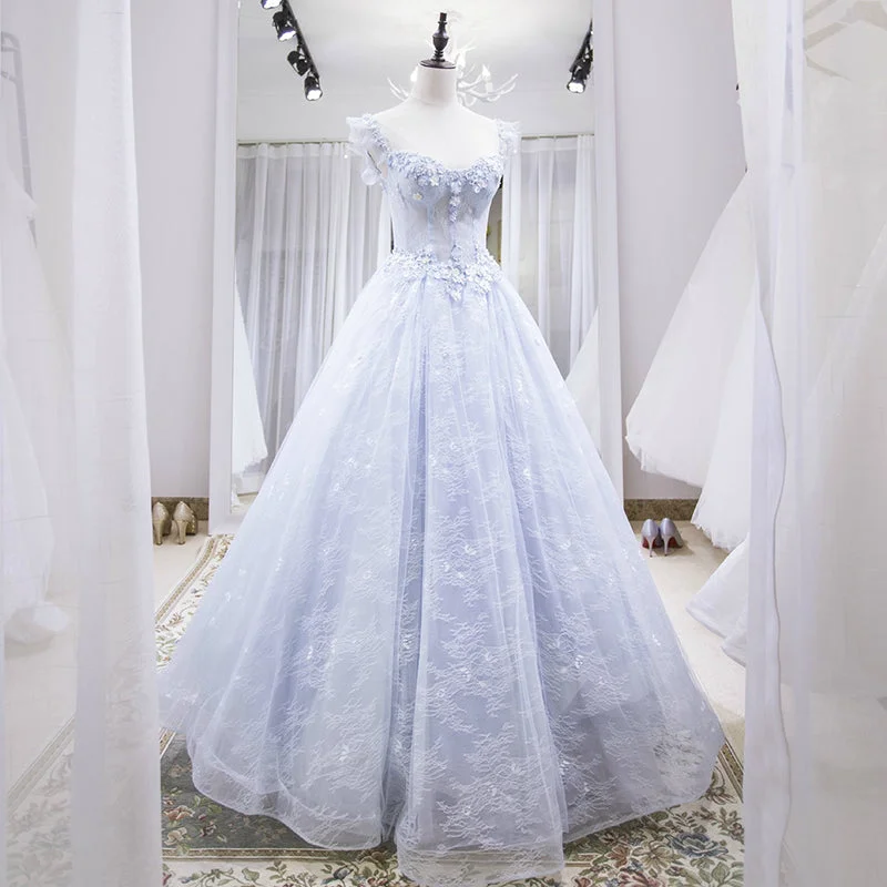 Party Dresses for BrunchBlue tulle lace long prom gown evening dress  8273
