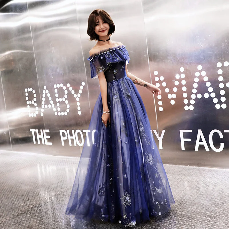 Party Dresses for Hiking TripsBlue tulle long prom dress with stars  8481