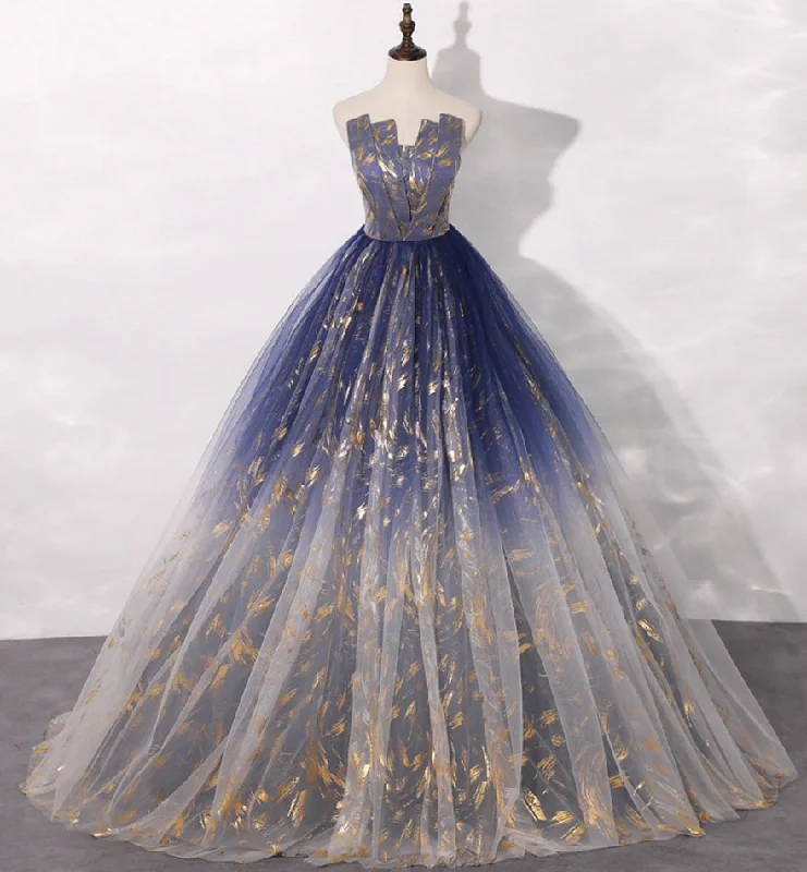 Party Dresses with Pom-Pom TrimBlue tulle long prom gown blue evening dress  8462