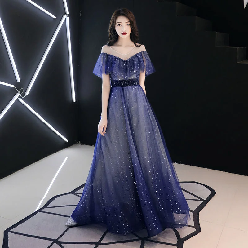 Party Dresses for Petite WomenBlue tulle sequins long prom dress  8336
