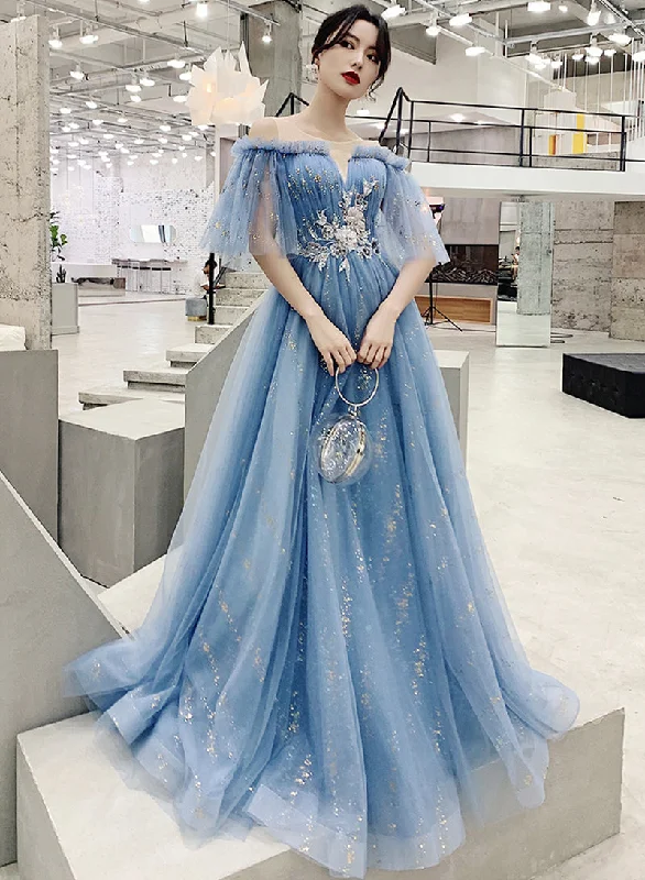 Party Dresses with RufflesBlue tulle sequins long prom dress evening dress  8322