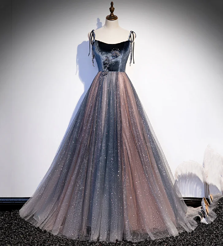 Party Dresses for Social EventsBlue tulle sequins long prom dress evening dress  8504