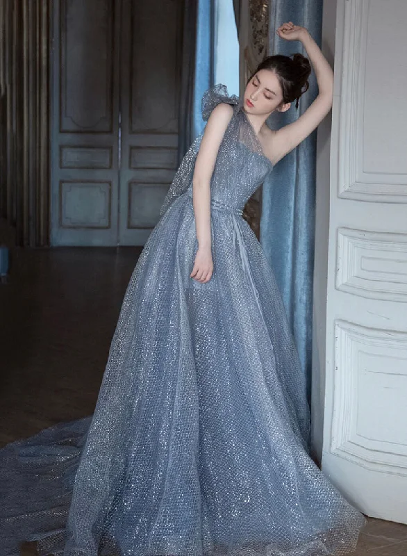Party Dresses with Personalized TextBlue tulle sequins long prom dress one shoulder evening dress 8426 Party Dresses with Personalized TextBlue tulle sequins long prom dress one shoulder evening dress 8426
