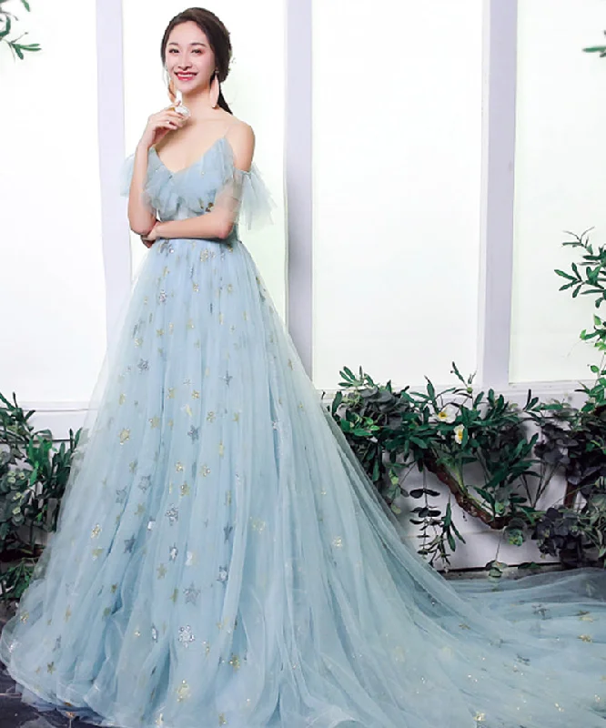Party Dresses with High NeckBlue tulle sequins prom dress formal dress  8298