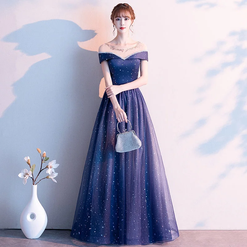 Party Dresses for Plus SizeBlue tulle sequins prom dress formal dress  8337