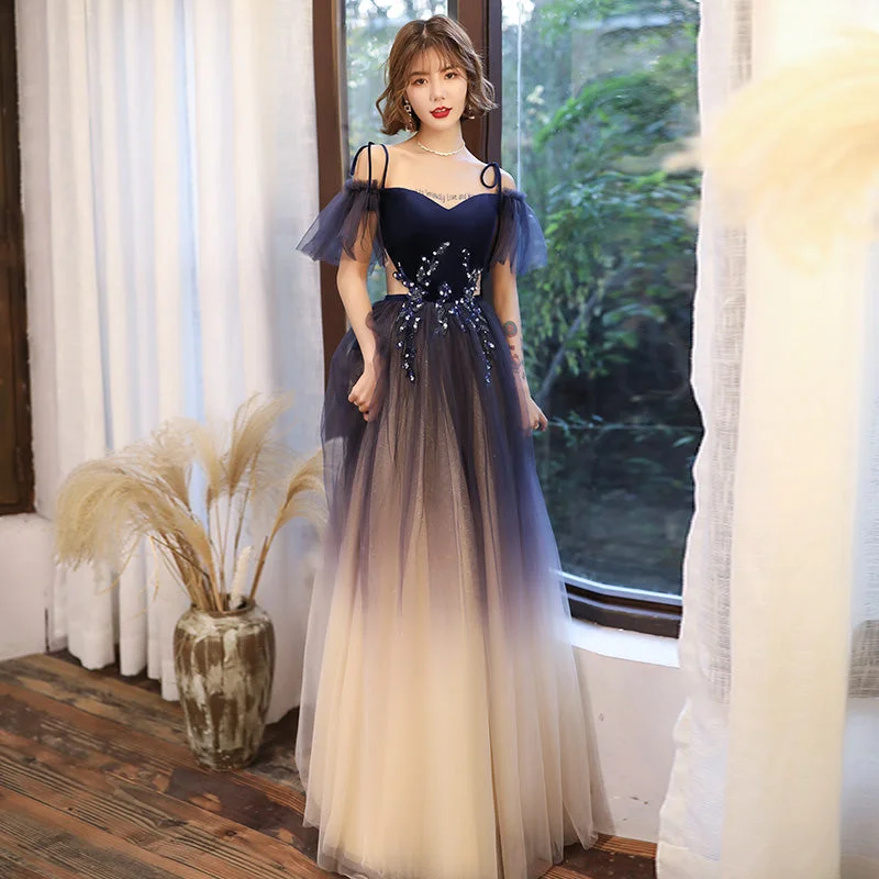 Party Dresses for Charity EventsBlue tulle velvet long prom dress  8195