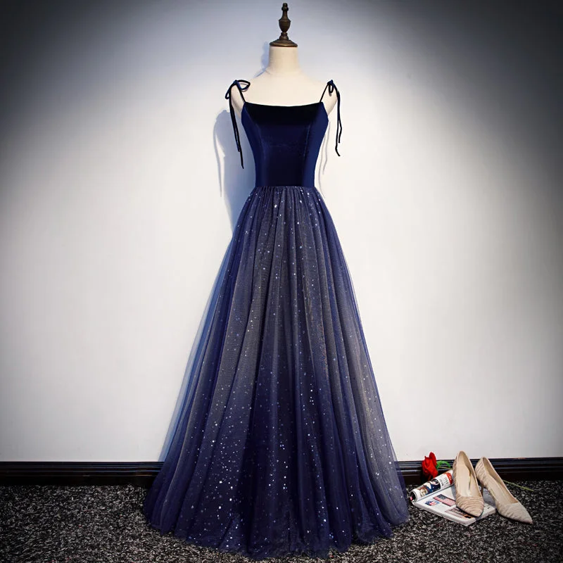 Party Dresses with Sustainable MaterialsBlue tulle velvet long prom dress, blue evening dress 7914 Party Dresses with Sustainable MaterialsBlue tulle velvet long prom dress, blue evening dress 7914