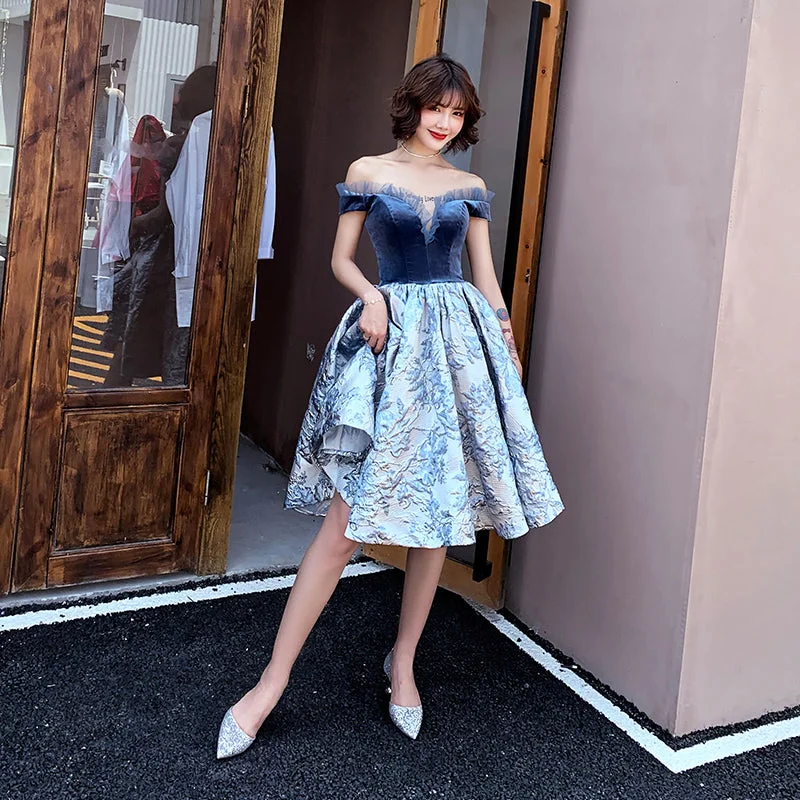 Party Dresses with Zipper ClosureBlue velvet short prom dress party dress  8355