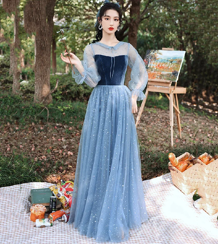 Party Dresses for Art GalleriesBlue velvet tulle long prom dress blue evening dress  8533