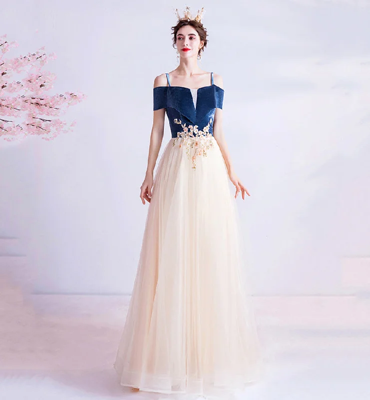 Party Dresses with Neon SignsBlue velvet tulle long prom dress evening dress  8447